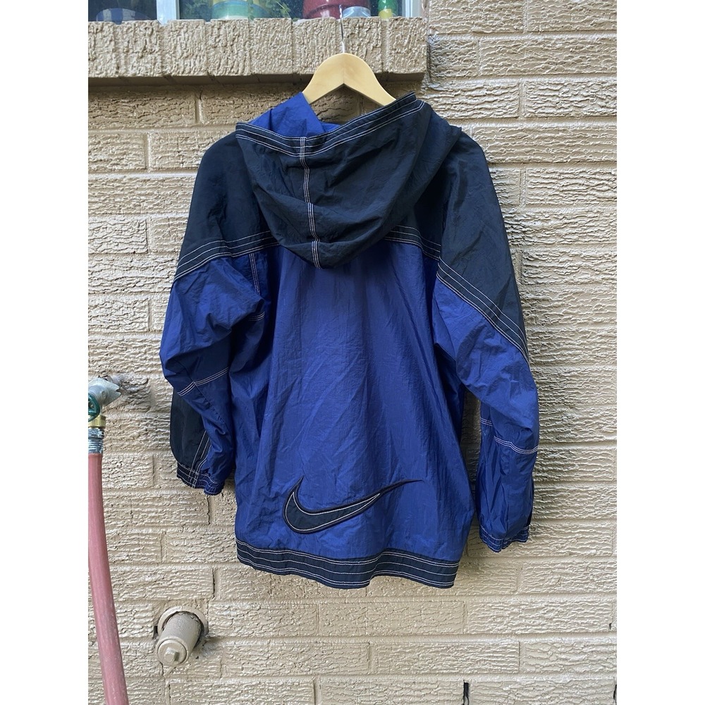 Vintage Nike White Tag Hooded Snap Button Windbreaker Youth Size L Blue